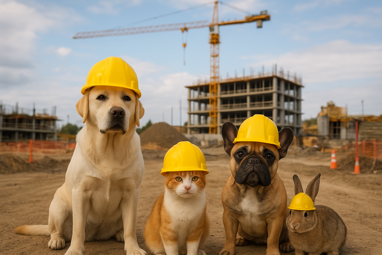 Construction site with
    pets wearing hard hats
